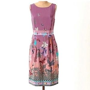 Anthropologie Heyhoe Silk Purple Bird Print Dress Sz 12